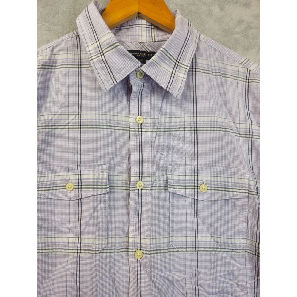 Banana Republic Button Up Shirt Large Slim Fit Purple Plaid Double Chest Pocket